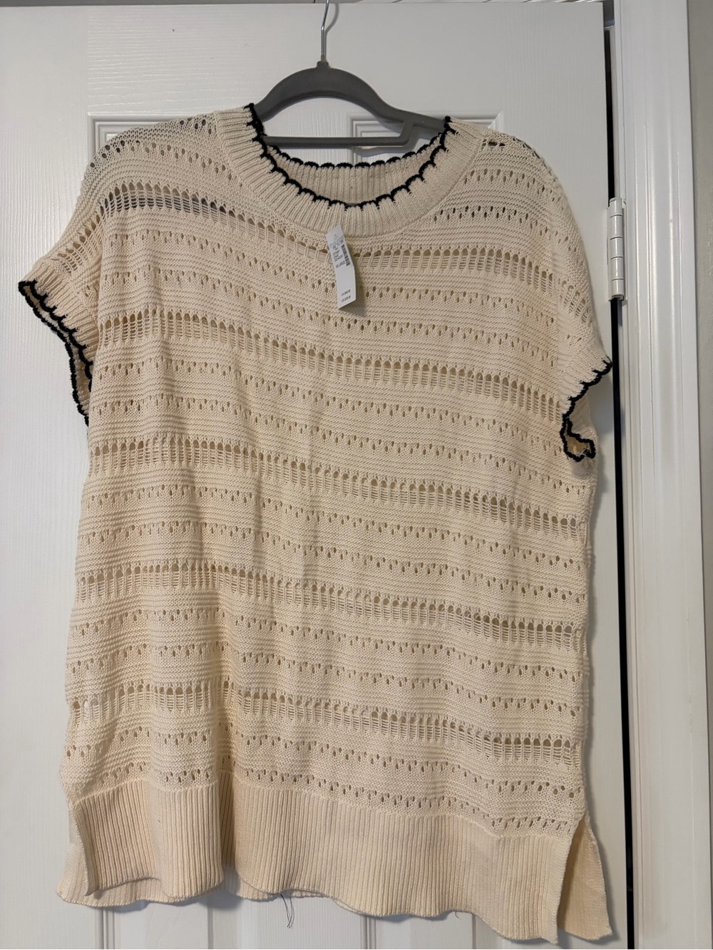 Maurices Cream Open-Knit Short Sleeve Top with Black Trim